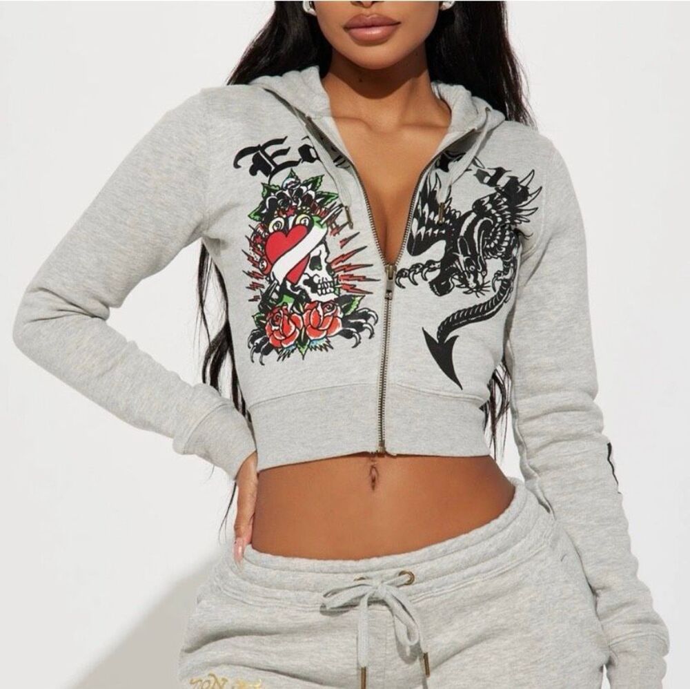 Ed Hardy Womens Gray Cropped Zip Hoodie Tattoo Eagle Heart Rose Medium